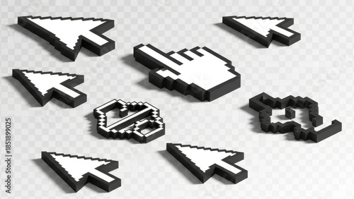 Computer mouse click cursor isolated on transparent background. Cursor icon  click set. Pixelated 3d hand mouse, hand pointer 3D Pixel Mouse Cursor Icons – Click Pointer Hand Illustration  