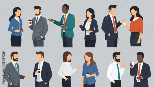 A vibrant illustration showcases diverse business professionals in various poses, actively engaged in conversations, symbolizing modern corporate communication and teamwork.