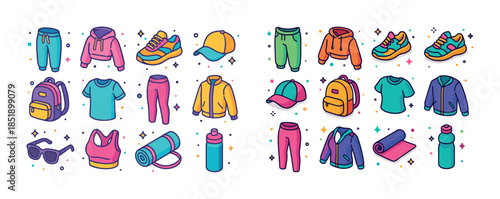Colorful cartoon sportswear collection with accessories and outf