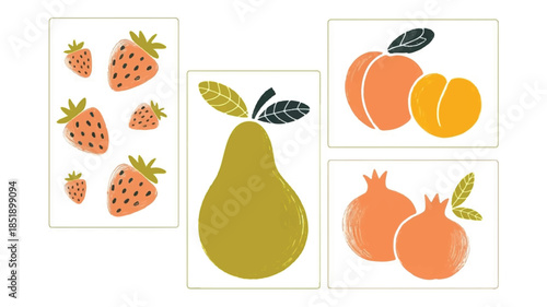 A set of four minimalist fruit illustrations arranged in a grid layout against a light gray background