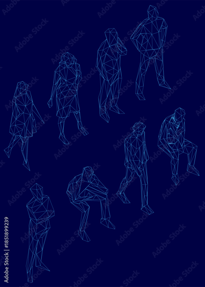Naklejka premium A pack of low poly people in various poses forms a wireframe illustration on a solid blue background. Isometric view