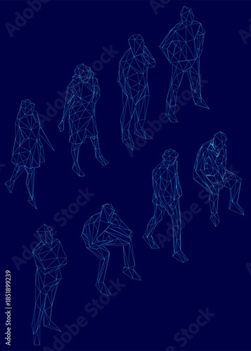 A pack of low poly people in various poses forms a wireframe illustration on a solid blue background. Isometric view