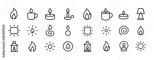 Collection of minimalist flame and light icons: candles, lamps,