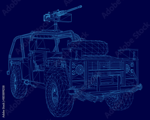 A military vehicle blueprint features a detailed wireframe design with a mounted gun, set against a dark blue background.