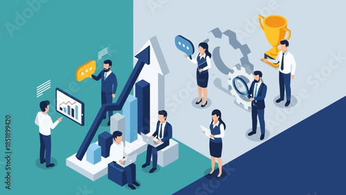 Business professionals collaborate on strategic planning, analyze market data, and celebrate success, illustrating teamwork, growth, and achievement.