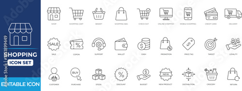 Shopping outline icon set for e-commerce, online store ui, marketing, buttons, coupons, target, finance, price, and checkout symbols.