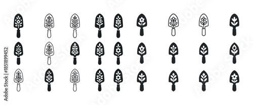 Set of plant icons with detailed botanicals in black and white
