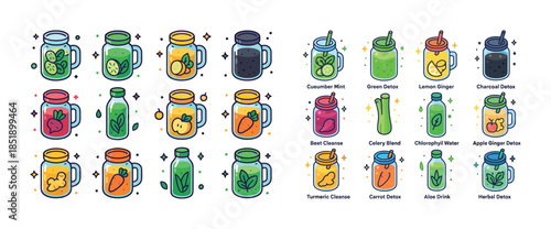 Colorful assortment of detox drinks in glass jars with fresh ing