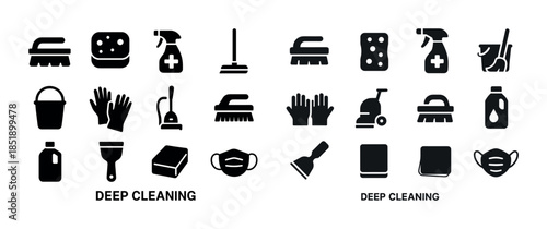 Deep cleaning tools: sponges, sprays, mops, buckets, gloves, mas