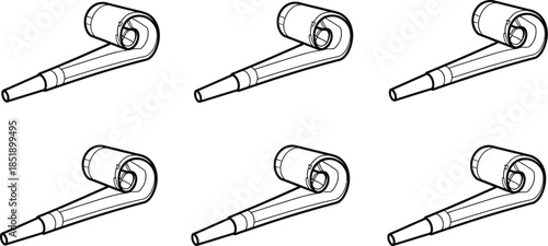 Black and white line art illustration featuring a repeating pattern of six coiled party blowers for celebrations and fun events
