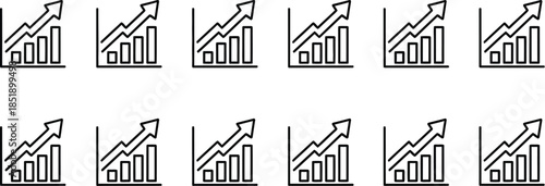 Seamless pattern of black outline icons depicting bar charts with upward trending arrows symbolizing business growth and financial success