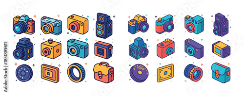 Colorful collection of vintage and modern cameras with accessori