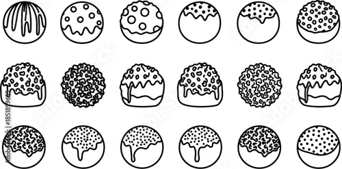 Collection of eighteen assorted chocolate truffle icons featuring various icings sprinkles and topping line art designs