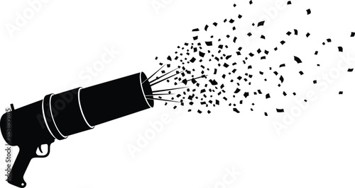 Silhouette of a black confetti cannon firing small square pieces against a clean white background for celebration