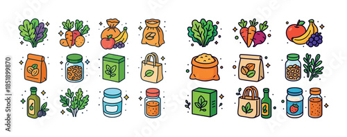 Colorful organic produce and eco-friendly packaging icons