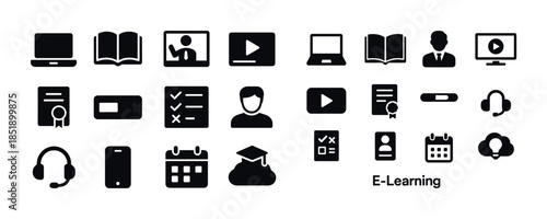 E-learning icons set: online education symbols and tools