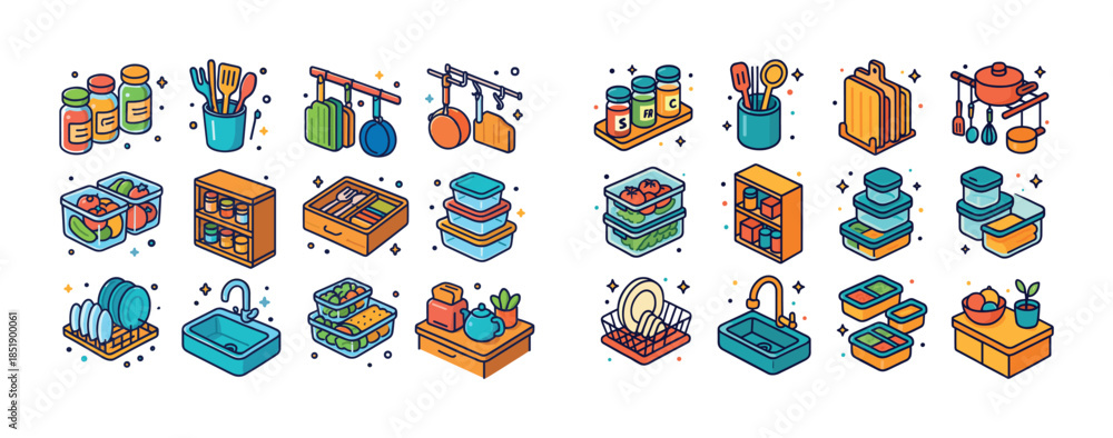 Fototapeta premium Colorful kitchen supplies and storage solutions in isometric des