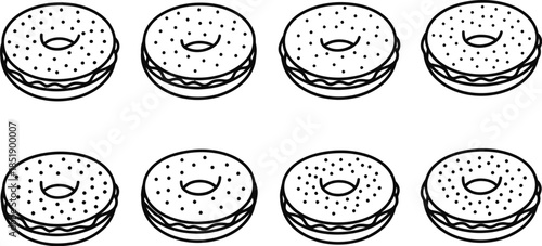 Eight black and white isometric line icons depicting delicious bagels with cream cheese or filling ready for breakfast or a snack