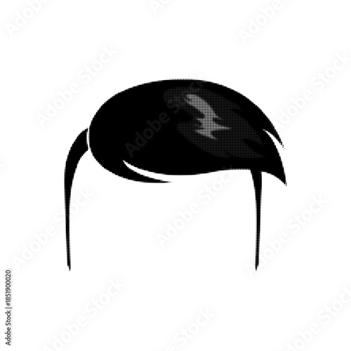 Black and white halftone illustration of a long straight hairstyle with heavy bangs isolated on white background. Minimal beauty, fashion and hair design concept in vintage print style.