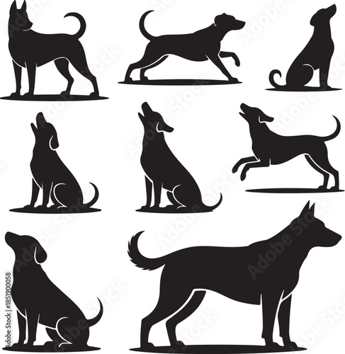 Set of Black Dog Silhouettes Featuring Various Postures and Breeds