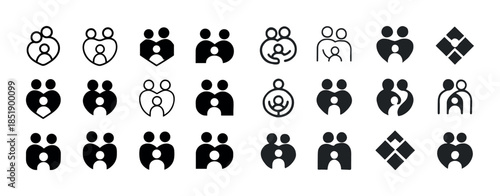 Icon set featuring diverse family and relationship symbols in bl