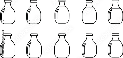 Collection of ten black outline icons depicting various milk bottles or glass containers arranged in two horizontal rows