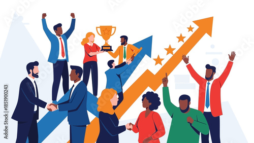 Diverse business professionals celebrate collective success and achievement, showcasing teamwork, growth, and victory with a golden trophy and rising arrows.