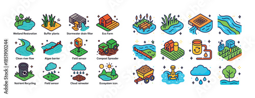 Wetland restoration and eco farming icons set with environmental