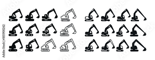Set of digging excavator icons collection with multiple variatio