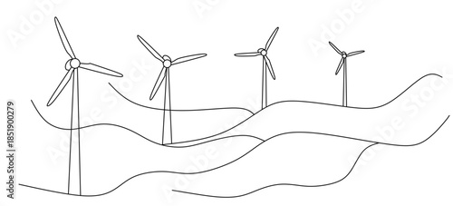 Sustainable living with wind turbines and houses in a minimalist line art style