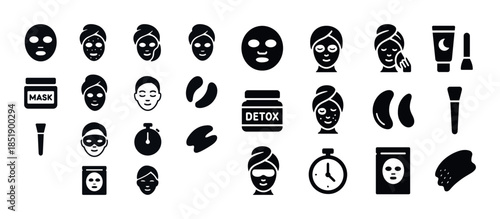 Facial skincare icons set with masks, creams, and tools