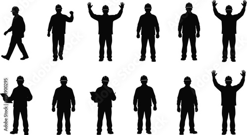 Construction worker silhouette set, engineer wearing hard hat, industrial builder standing, maintenance staff, labor, architect, technician, professional contractor, isolated vector