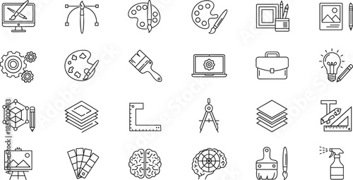 Creative design and art tool line icon set, graphic designer equipment, painting supplies, brush, palette, digital drawing, architecture, brain, vector