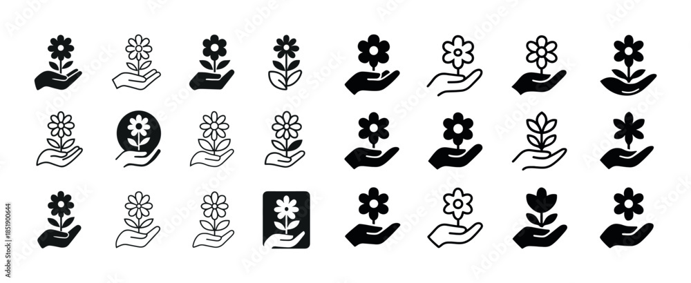 Obraz premium Collection of hand holding flower icons in various styles and de