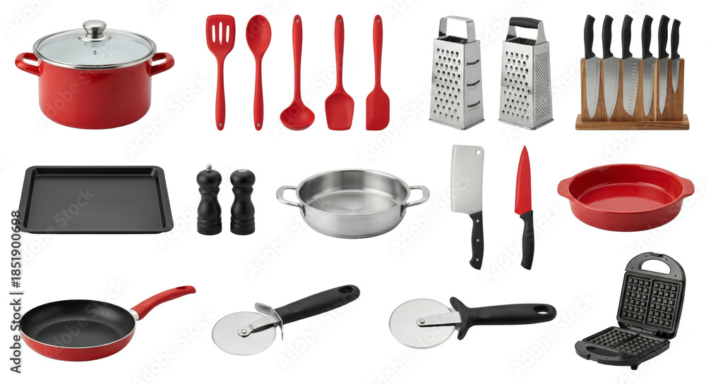 Fototapeta premium Comprehensive collection of kitchen utensils and cookware isolated on transparent background