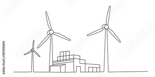 Sustainable living with wind turbines and houses in a minimalist line art style