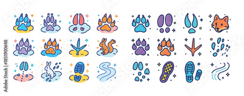 Colorful animal tracks illustration with paw prints and footprin