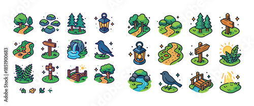 Cartoon nature icons: trees, birds, paths, bridges, lanterns, si