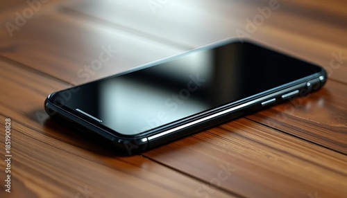Sleek black mobile phone on wooden table, close-up,  data,  camera