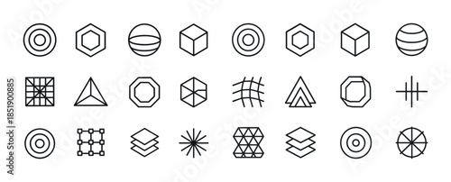 Geometric icon set: circles, hexagons, cubes, and lines in black