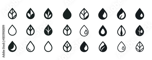 Set of diverse water and nature drop icons in monochrome style