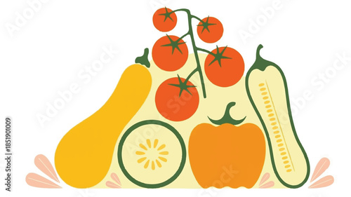 Assorted fresh vegetables against a cream-colored background
