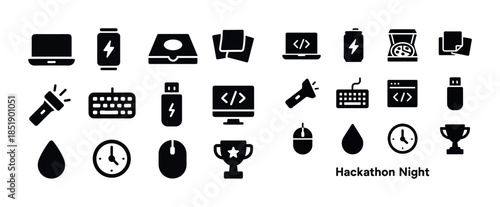 Icons for hackathon night: laptops, gadgets, coding, and trophie