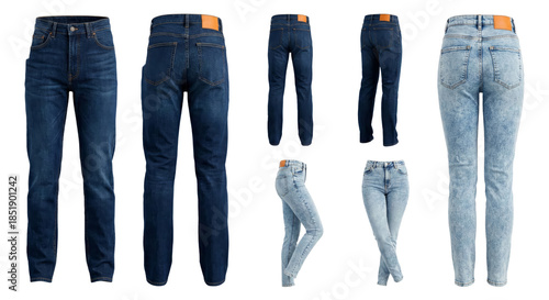 Stylish denim jeans collection showcasing various fits and shades on isolated transparent background