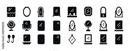 Collection of various stylish mirror icons in black silhouette d