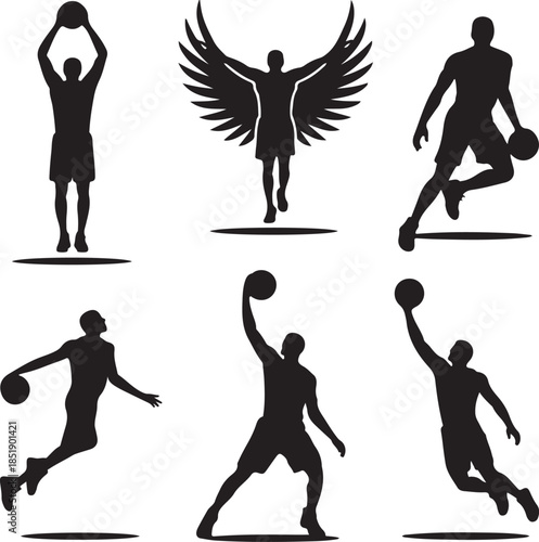 Dynamic basketball player silhouettes in various action poses