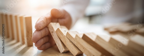 The hand stopping falling wooden dominoes to prevent a cascading chain reaction