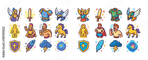 Colorful fantasy icons: warriors, armor, and enchanted creatures