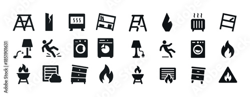 Home safety hazards icon set including fire, electrical, and sli