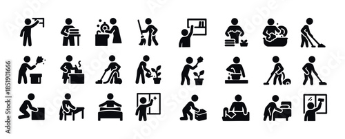 Vector icons of stick figures performing various household chore